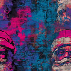 Fototapeta premium Neon santa claus on grunge background - seamless pattern