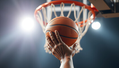 A close-up of a basketball player spinning a ball on their finger, with the hoop blurred in the background isolated with white highlights, png