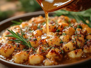 A gravy boat being poured over a plate of turkey and stuffing, shot from a close-up angle to focus on the action and detail. 