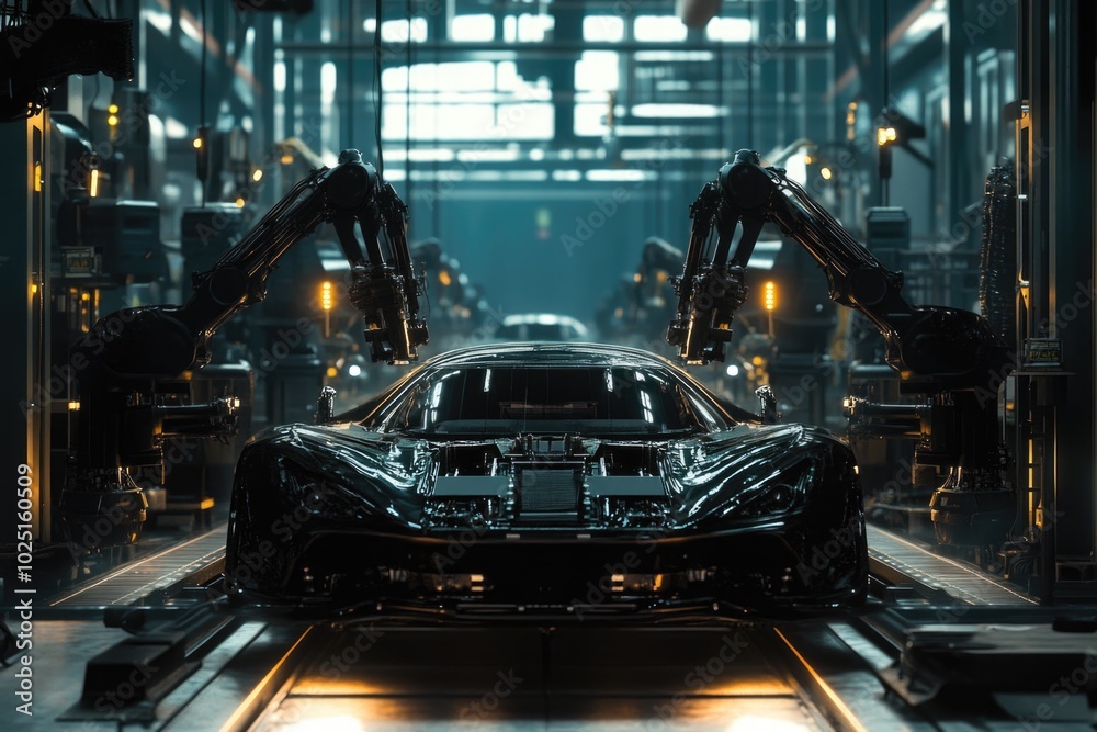 Poster A robot working on a car in a modern factory setting