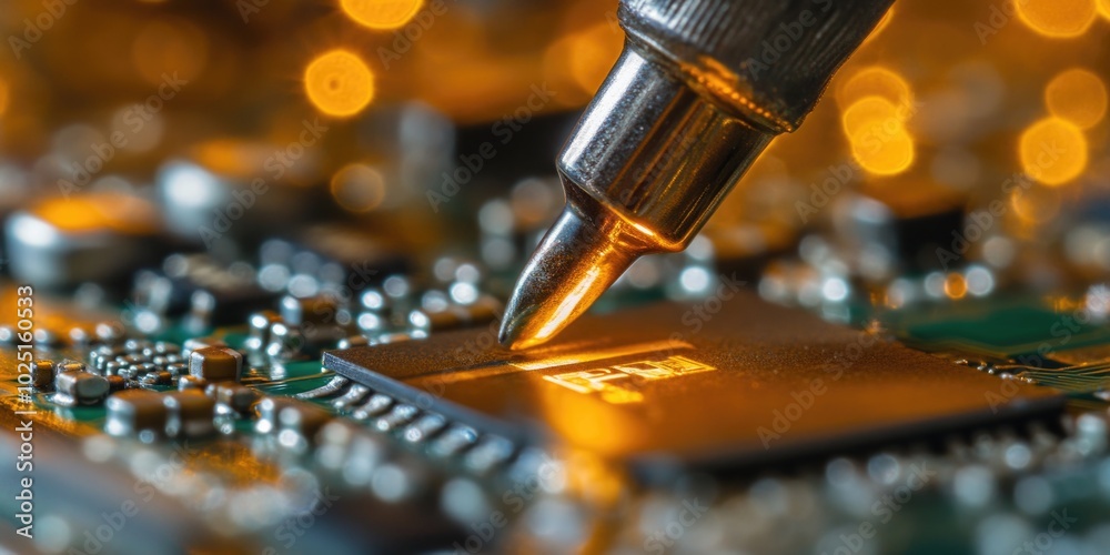 Poster a close-up shot of a finger touching a circuit board, highlighting the intricate details and electro