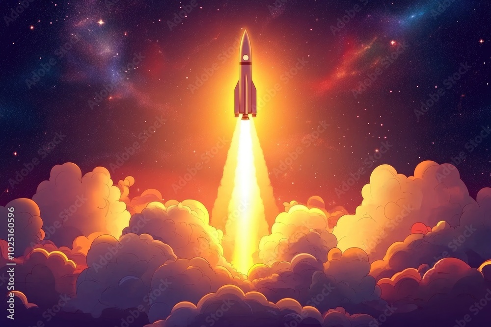 Poster a space shuttle blasting off from earth's surface into the atmosphere