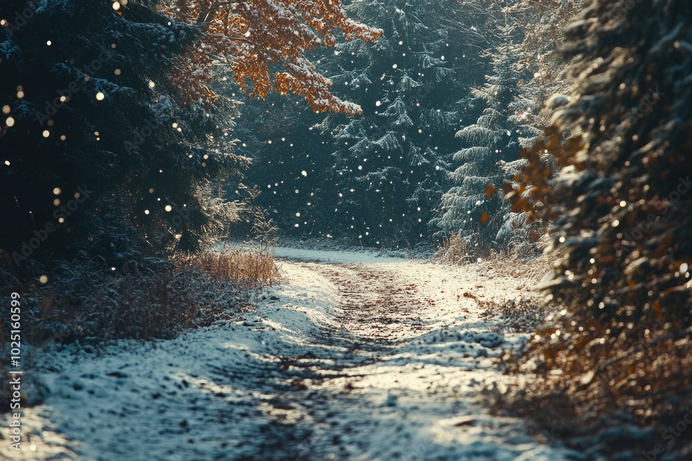 Poster a serene winter scene with a snow-covered path amidst the trees