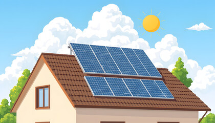 Solar panels producing clean energy on a roof of a residential house isolated with white highlights, png