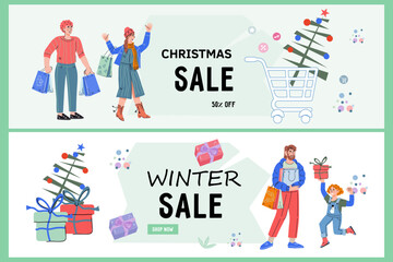 Set of Christmas sale flyer templates. Festive template to attract customers to sales during the Christmas season, vector illustration.