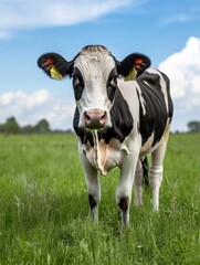 A close-up portrait of a black and white dairy cow grazing peacefully in a vibrant green meadow, showcasing its gentle nature and the beauty of rural life.