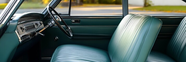 A close-up view of a classic car's interior showcasing teal upholstered seats, a classic steering wheel, and chrome accents,  evoking a sense of vintage style, luxury, and automotive nostalgia.
