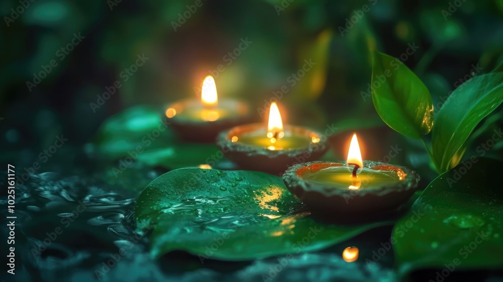 Poster lit candles placed on a single leaf, possibly in a natural setting or used as decorations