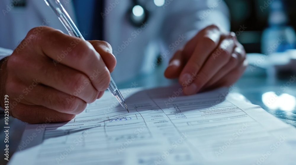Poster man in a lab coat writing on a piece of paper, likely recording research data or making observations