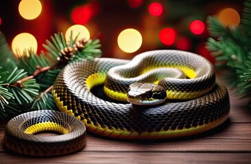 Fototapeta premium A vibrant green snake wearing a playful Santa hat, coiled beside a beautifully wrapped Christmas gift box. A festive bokeh effect with warm, golden lights, enhancing the holiday spirit.