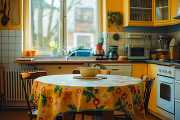 Retro 90s kitchen with colorful decor and tablecloth