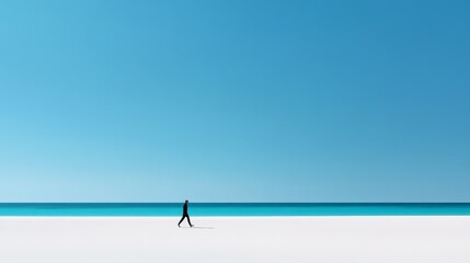 Naklejka premium A lone figure walks along a pristine white sand beach under a clear blue sky, symbolizing solitude, tranquility, freedom, exploration, and the vastness of nature.