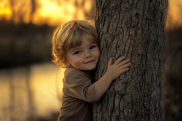 A young boy embracing a tree trunk in a green park