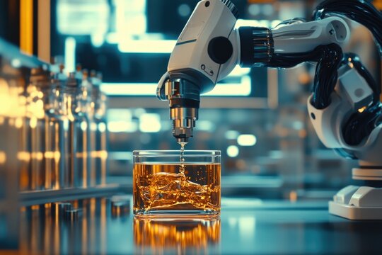 A glass of whiskey is being poured into a machine, perfect for industrial or mechanical themed projects
