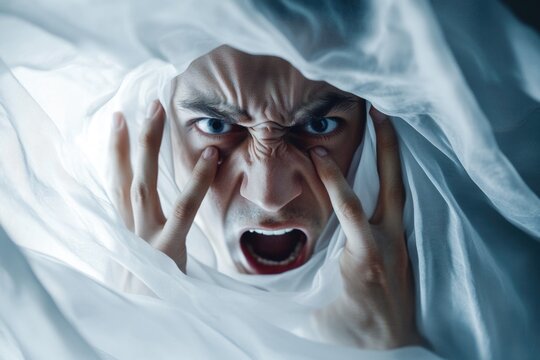 A person lies in bed with a sheet covering their face, revealing no features