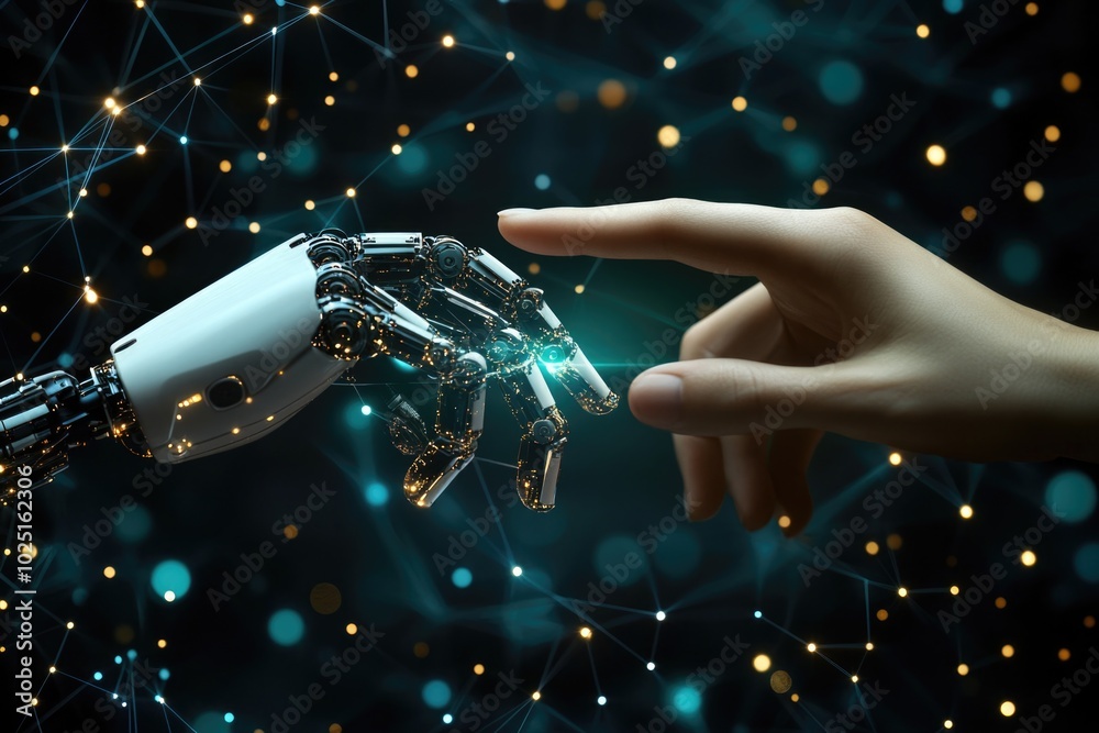 Poster a person touches a robot's hand, with glowing dots in the background