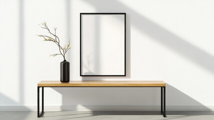 A simple yet elegant interior design mockup featuring a black frame on a wooden table, perfect for showcasing artwork, posters, or photography. The minimalist setting with sunlight adds a touch of sop