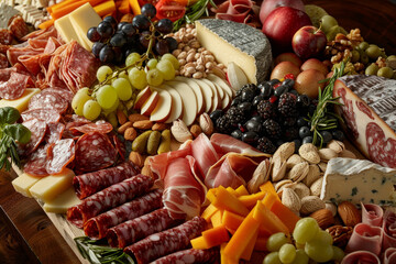 A large platter of assorted meats, cheeses, and fruits