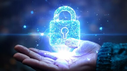 A glowing lock symbol hovers above an outstretched hand, illustrating concepts of digital security and protection in a captivating tech environment.