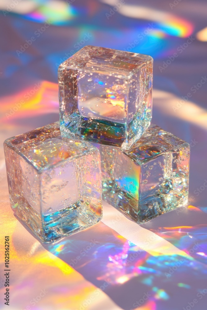 Poster close-up of three ice cubes sitting on a smooth, reflective surface
