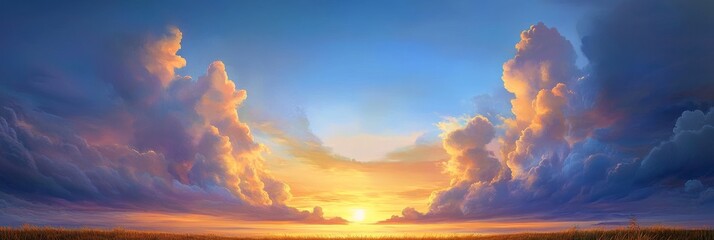 Fototapeta premium A vibrant sunset sky with dramatic clouds forming a celestial gateway, symbolizing hope, peace, renewal, beauty, and a sense of wonder.