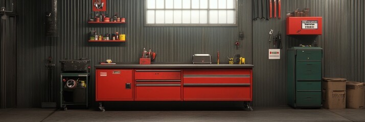 A well-equipped workshop interior with red tool cabinets, a workbench, and storage shelves. The space is organized and functional, showcasing a variety of tools and supplies.