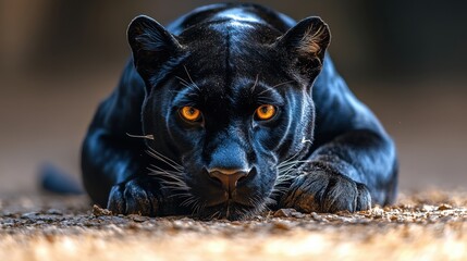 A black panther crouching low with intense eyes, ready to pounce, isolated on white background 