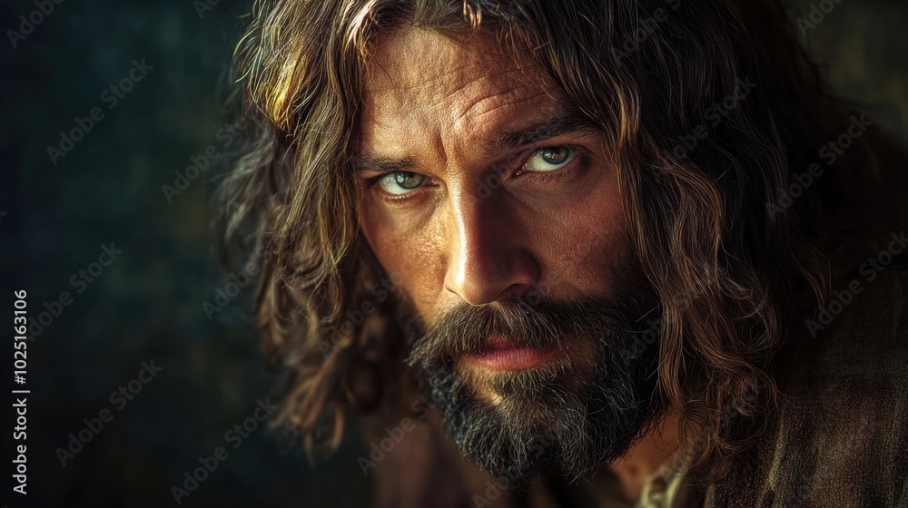 Aufkleber A close-up portrait of a person with long hair and beard, suitable for use in editorial or creative projects