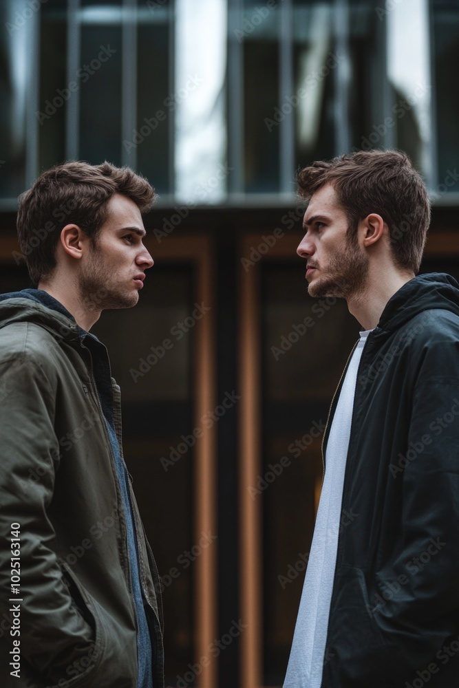 Poster two friends standing together in front of a building, possibly waiting for someone or having a conve