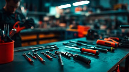 Assortment of Tools and Equipment in a Workshop, showcasing a variety of tools and equipment, including wrenches, screwdrivers, pliers, and a toolbox.