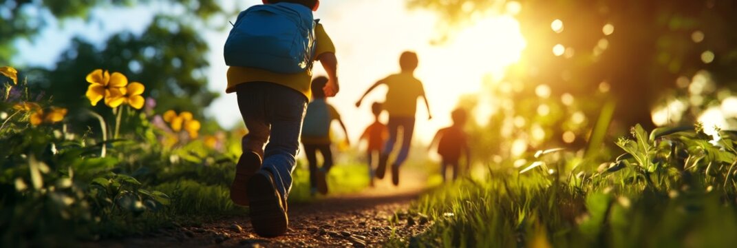 Children of diverse backgrounds joyfully run along a forest pathway bathed in warm sunlight, their laughter echoing through the trees. The image represents a sense of freedom, friendship, and the simp