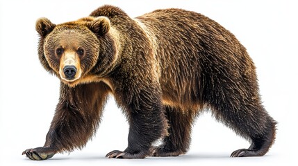 A brown bear walking slowly with its head lowered, showing its massive paws, isolated on white background 