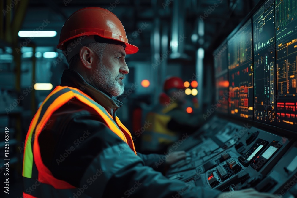 Poster a construction worker in a hard hat is performing maintenance tasks on an industrial control panel