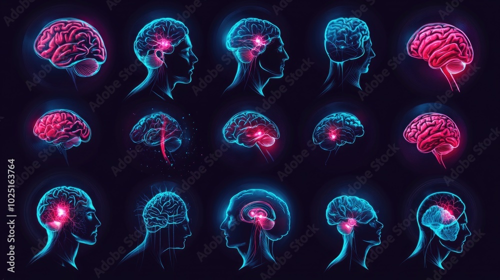 Poster anatomically correct illustrations of the human brain with glowing highlights