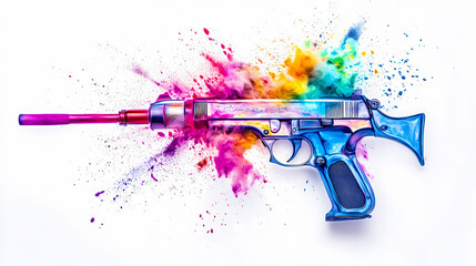 Naklejka premium Chrome metal airbrush acrylic color paint gun tool with colorful rainbow spray holi powder cloud explosion isolated on white panorama background. Airbrush Art. Illustration