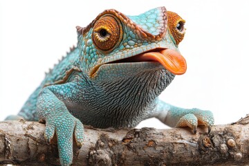 Fototapeta premium A chameleon perched on a branch with its tongue extended, isolated on white background 