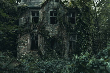A creepy old house with vines growing on it