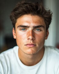 Obraz premium Portrait of a serious young man with blue eyes and tousled hair in a neutral background