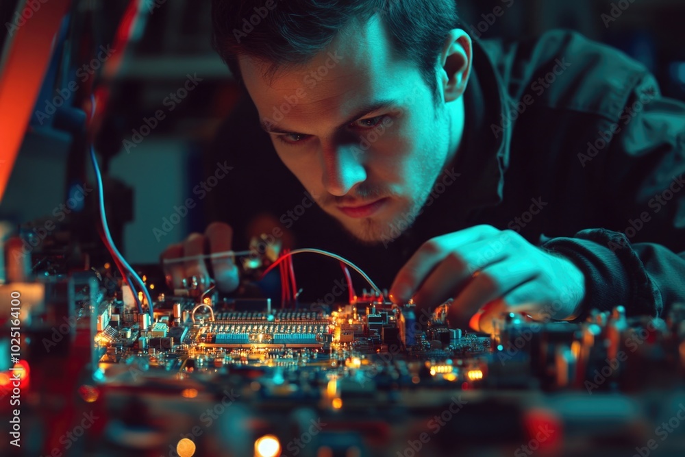 Poster a person working on a circuit board, electronic components and wires