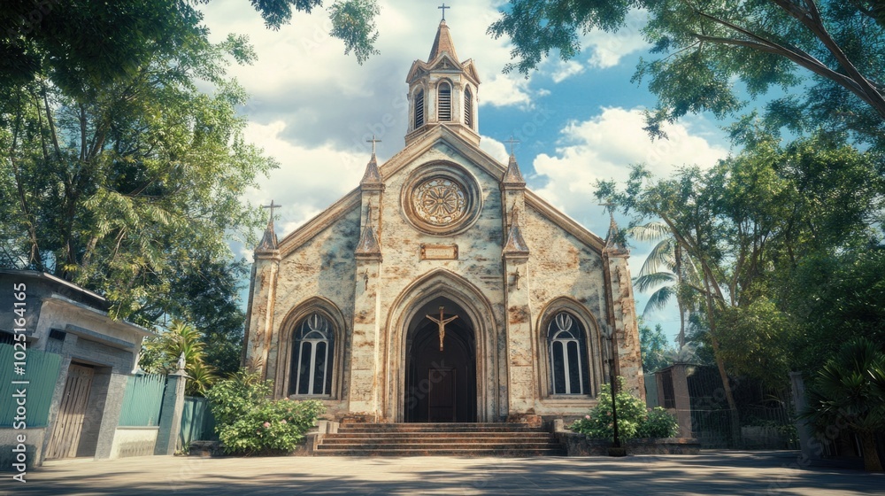 Poster a church with a clock tower on its front facade, suitable for use in historic or cultural contexts