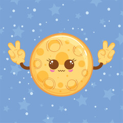 Cute moon character with peace hand sign, vector illustration