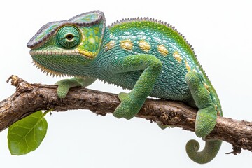 Fototapeta premium A chameleon perched on a branch with its tongue extended, isolated on white background 