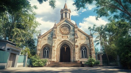 A church with a clock tower on its front facade, suitable for use in historic or cultural contexts
