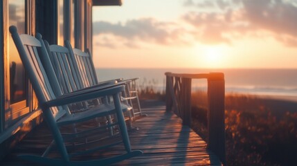 Naklejka premium Cozy porch scene with rocking chair and breathtaking ocean view