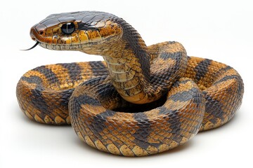 Obraz premium A cobra with its hood flared, standing in a defensive posture, isolated on white background 