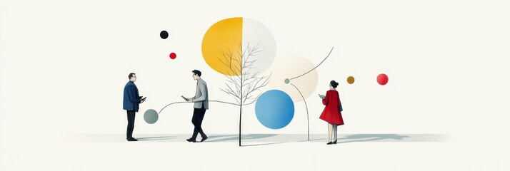 Obraz premium This single-line illustration depicts three individuals connected through a network of lines, symbolizing collaboration, shared ideas, and the growth of their collective efforts.