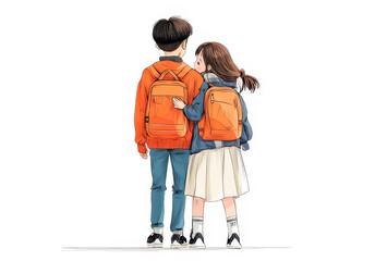 Two teenagers, a boy and a girl, stand back-to-back with backpacks on, symbolizing friendship, school, youth, togetherness, and support.