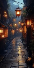 Fototapeta premium A street with lanterns hanging from the ceiling