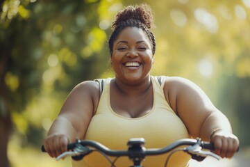 A happy woman enjoying a ride on her bicycle, smiling and carefree