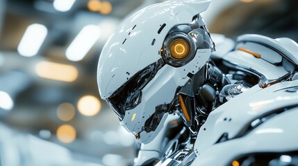 Fototapeta premium A close-up view of a robot's head with bright, shining eyes